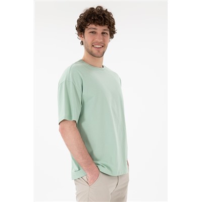 Erkek Oversize Fit Bisiklet Yaka Su Yeşili Tişört