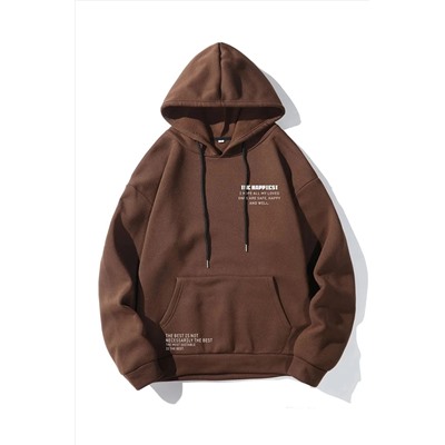 AltamiraUnisex Kahverengi Happiest Baskılı Oversize Kapşonlu Sweatshirt
