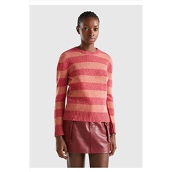 United Colors of Benetton Kadın Kırmızı %100 Yün Çizgili Shetland Kazak 123A103ME107E
