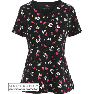 Cherokee Infinity Scrubs Flower The Leader Black Antimicrobial Print Top