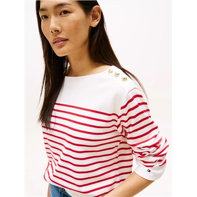 Gold-Button Stripe Long-Sleeve T-Shirt