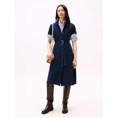 Belted Stretch Pique Polo Midi Dress