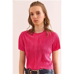 Olalook, Kadın Fuşya Bisiklet Yaka Pilise Crop Bluz BLZ-19002901