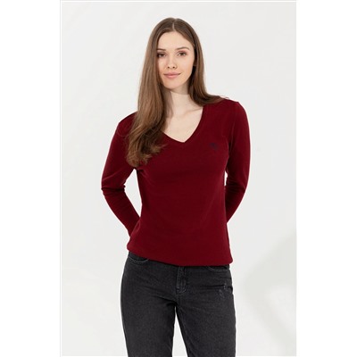Kadın Bordo Basic V - Yaka Kazak