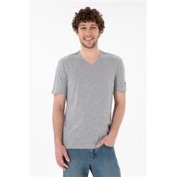 Erkek Regular Fit  V Yaka Gri Melanj Basic Tişört