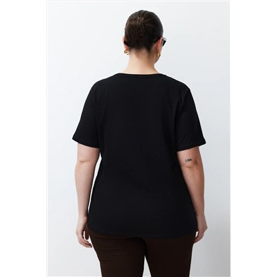 Siyah Oversize Animal Baskılı Cep etaylı %100 Pamuk Örme Büyük Beden T-shirt TBBSS24BF00059