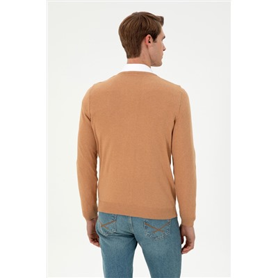 Erkek Slim Fit V Yaka Camel Melanj Basic Kazak