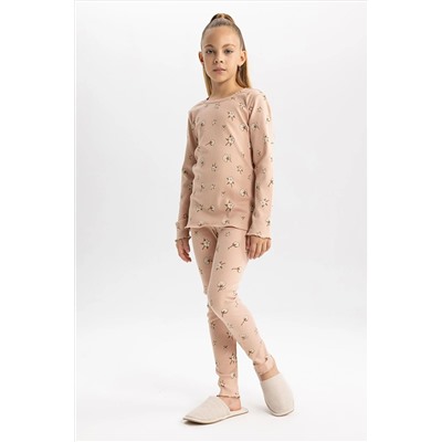 Defacto Kız Çocuk Desenli Fitilli Kaşkorse Uzun Kollu Pijama Takımı B1486A823WN