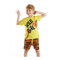 Denokids Wild One Erkek Çocuk Sarı T-shirt Kaplan Desenli Şort Takım CFF-23Y1-035