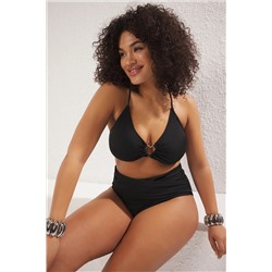 Siyah Kalp Aksesuar Detaylı Askılı Büyük Beden Bikini Üstü TBBSS25CT00008