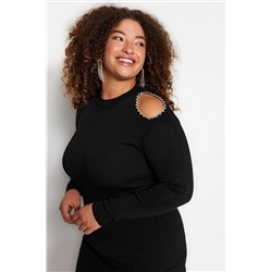 Trendyol Curve Siyah Dik Yaka Düz Bodycone Tek Plaka Triko Büyük Beden Bluz TBBAW24AF00022