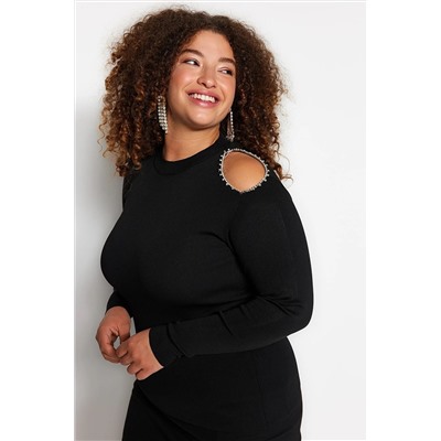 Trendyol Curve Siyah Dik Yaka Düz Bodycone Tek Plaka Triko Büyük Beden Bluz TBBAW24AF00022