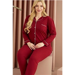 Siyah İnci Bordo-beyaz Pamuklu Büyük Beden Battal Düğmeli Cepli Biyeli Uzun Kollu Pijama Takımı 7555