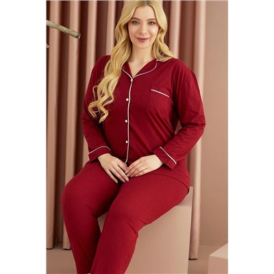 Siyah İnci Bordo-beyaz Pamuklu Büyük Beden Battal Düğmeli Cepli Biyeli Uzun Kollu Pijama Takımı 7555