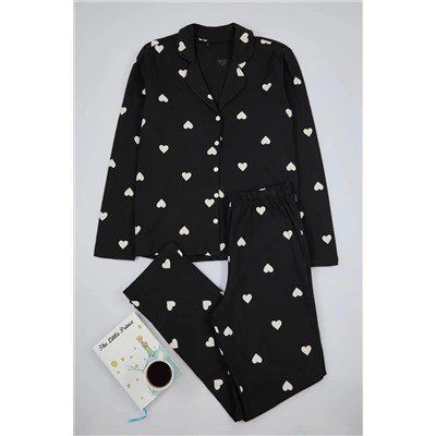 Trendyol Curve Siyah Kalpli Gömlek Yaka Örme Pijama Takımı TBBAW23AI00019