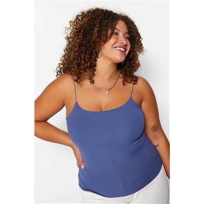 İndigo Spagetti Askılı Crop Fitilli Örme Büyük Beden Bluz TBBSS23AF00013