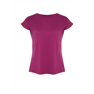 Mor Bisiklet Yaka Kol Detaylı %100 Pamuk Örme T-Shirt TBBSS22BF0023
