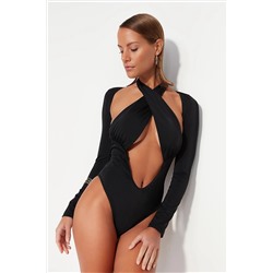 TRENDYOLMİLLA Siyah Çapraz Bağlamalı Tak Çıkar Kollu High Leg Mayokini TBESS23MA00004