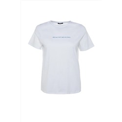 Beyaz Regular Fit Bisiklet Yaka Slogan Baskılı %100 Pamuk Örme Büyük Beden T-Shirt TBBSS23BF00034