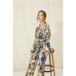 ENNA MODA Exclusive Serisi Petrol Mavisi Zemin Büyük Çiçek Tasarım Pijama Takımı EMWL10000