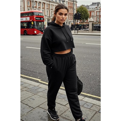 Siyah Loose Jogger İnce Paçası Lastikli Esnek Bel Örme Büyük Beden Eşofman Altı TBBAW23AJ00002