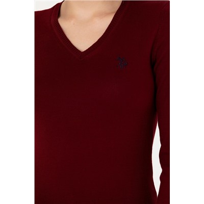 Kadın Bordo V - Yaka Basic Kazak