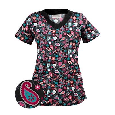 UA Party Paisley Black Print Scrub Top