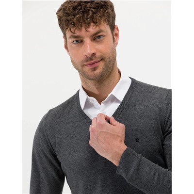 Antrasit Melanj Slim Fit V Yaka Basic Triko Kazak