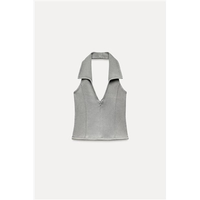 FADED-EFFECT INTERLOCK HALTER POLO TOP