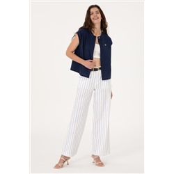Kadın Beyaz Çizgili Loose Fit Kanvas Pantolon