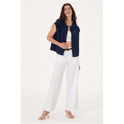 Kadın Beyaz Çizgili Loose Fit Kanvas Pantolon