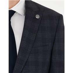 Lacivert Ekose Yün Karışımlı Ekstra Slim Fit Takım Elbise