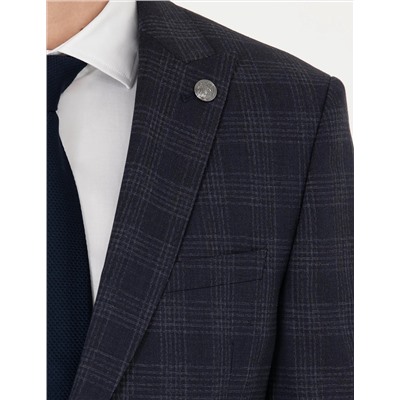 Lacivert Ekose Yün Karışımlı Ekstra Slim Fit Takım Elbise
