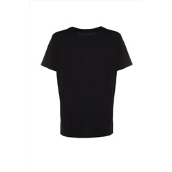 Siyah Boyfriend Fit Slogan Baskılı Bisiklet Yaka %100 Pamuk Örme Büyük Beden T-Shirt TBBSS23BF00022