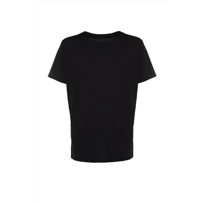 Siyah Boyfriend Fit Slogan Baskılı Bisiklet Yaka %100 Pamuk Örme Büyük Beden T-Shirt TBBSS23BF00022