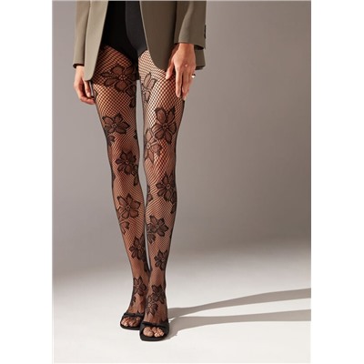 Netzstrumpfhose mit Maxi-Blumenmotiv