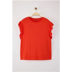 Kırmızı Bisiklet Yaka Kolları Fırfırlı %100 Pamuk Örme T-Shirt TBBSS23BF00006