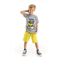 Denokids Trouble Pamuklu Erkek Çocuk Gri T-shirt Sarı Şort Takım CFF-22Y1-059