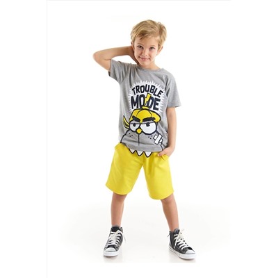 Denokids Trouble Pamuklu Erkek Çocuk Gri T-shirt Sarı Şort Takım CFF-22Y1-059