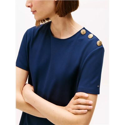 Gold-Button Ponte Shift Dress