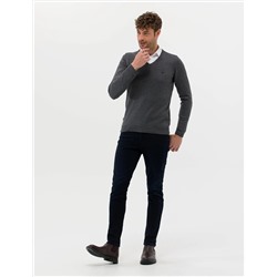 Antrasit Melanj Slim Fit V Yaka Basic Triko Kazak
