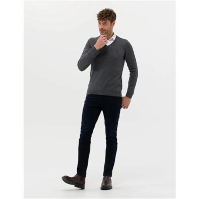 Antrasit Melanj Slim Fit V Yaka Basic Triko Kazak