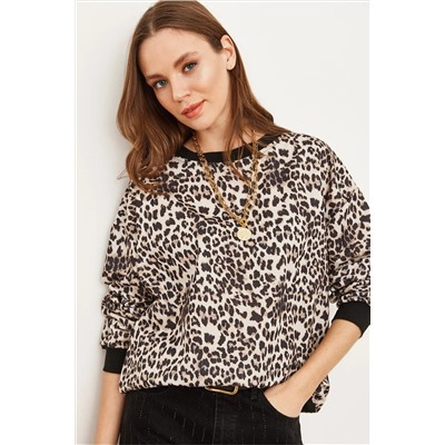 Olalook Kadın Ekru Leopar Basic Yumuşak Dokulu Salaş Sweatshirt SWT-19000457