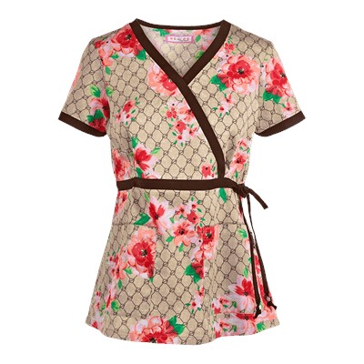 koi Scrubs Designer Floral Mock Wrap Print Top