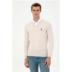 Erkek Slim Fit V Yaka Krem Melanj Basic Kazak