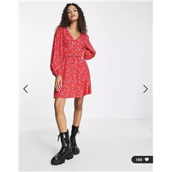 Miss Selfridge frill detail mini tea dress in red ditsy print