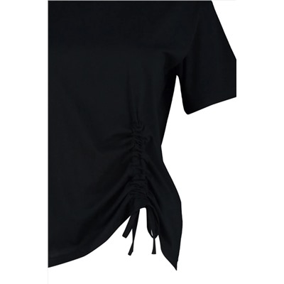 Siyah Bisiklet Yaka Büzgü Detaylı %100 Pamuk Örme T-Shirt TBBSS22TS2293