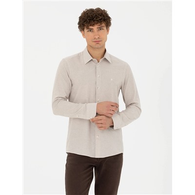 Bej Slim Fit Uzun Kollu Gömlek