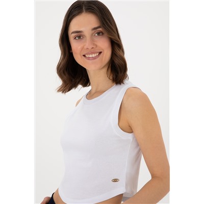 Kadın Beyaz Kolsuz Bisiklet Yaka Crop Basic Tişört
