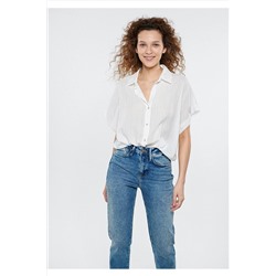 Mavi Kısa Kollu Beyaz Gömlek Loose Fit / Bol Rahat Kesim 1210442-84603